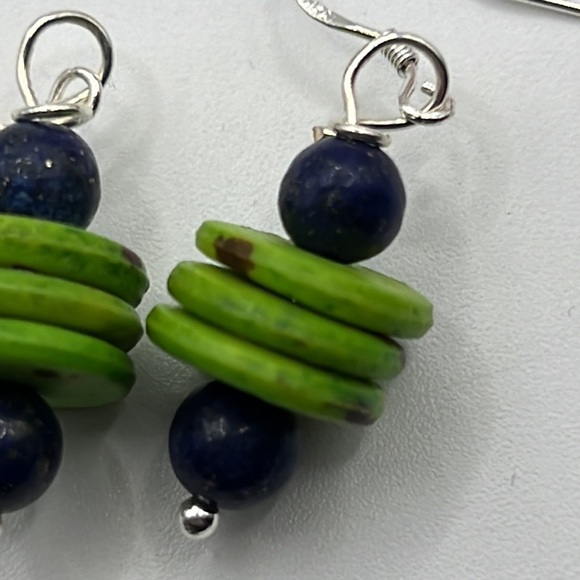ARTISAN LAPIS AND DYED HORN EARRINGS WITH STERLING SILVER HOOKS - Picture 4 of 5